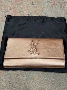Saint Laurent Belle de Jour Rose Gold Leather Envelope Clutch with YSL Logo